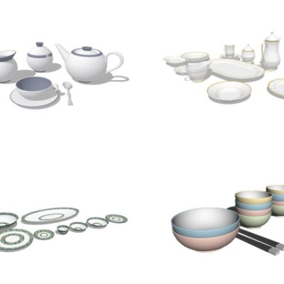  现代茶壶餐具组合su模型 
