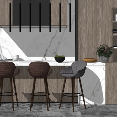  现代吧台吧椅橱柜组合su模型 