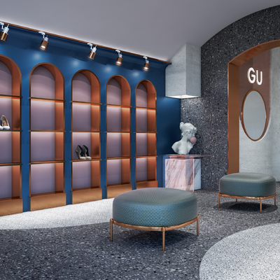  现代服装店鞋柜展示区su模型 