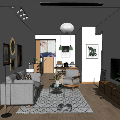 北欧客厅餐厅su模型