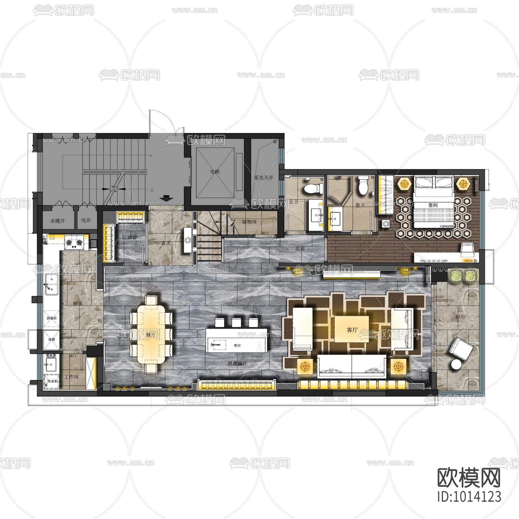 郑州荣盛华府上叠户型室内施工图下载（渲染图7）