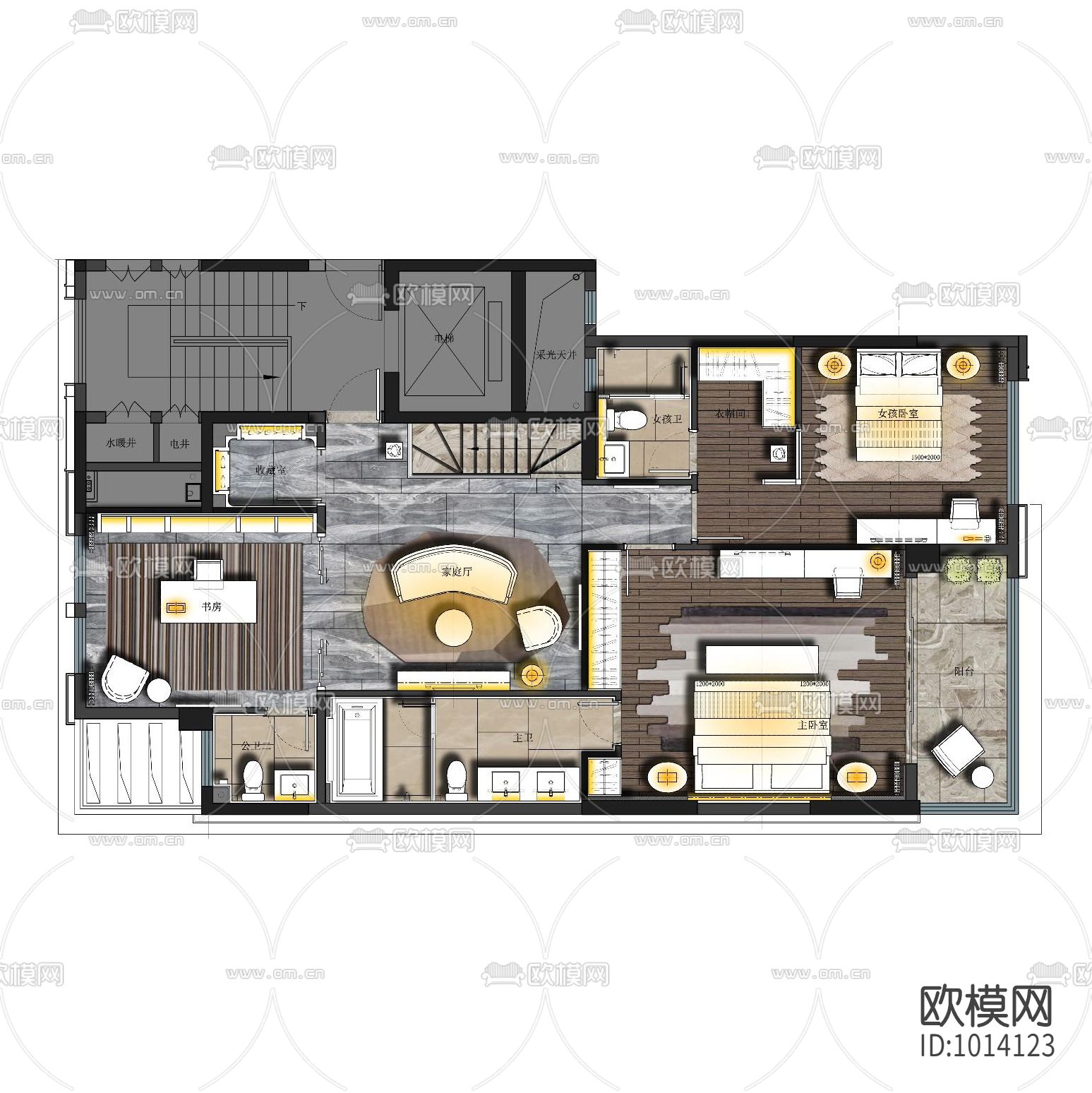 郑州荣盛华府上叠户型室内施工图下载（渲染图1）