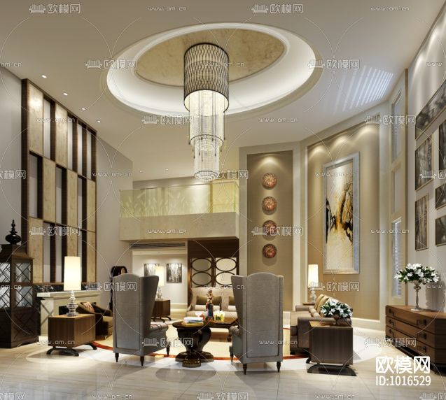 度假中心高档度假新中式复式装修施工图下载（渲染图1）