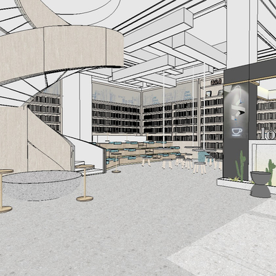  现代图书室书吧su模型 