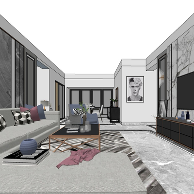  现代公寓客餐厅su模型 