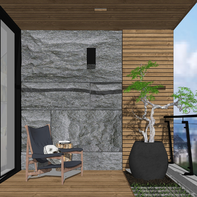  新中式阳台花园组合su模型 