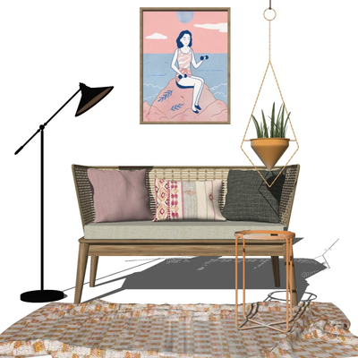  北欧实木藤编休闲沙发su模型 