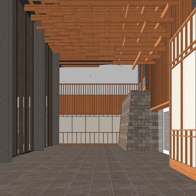 日式度假酒店大堂su模型