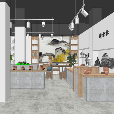  新中式接待室茶室su模型 