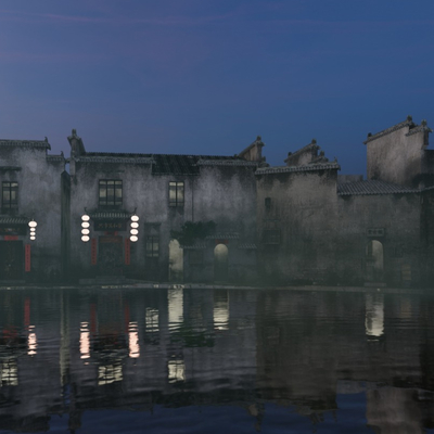  中式徽派古村外观su模型 