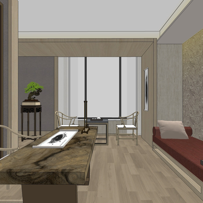  新中式酒店客房套房su模型 