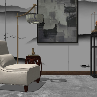  新中式布艺休闲沙发su模型 