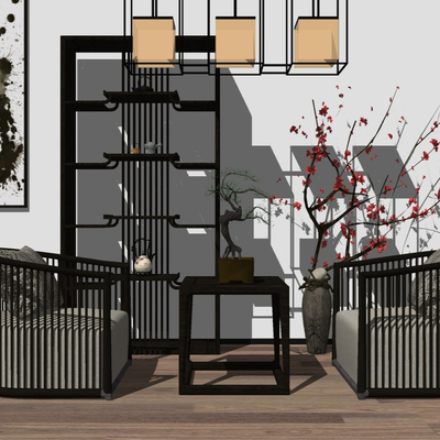  新中式实木休闲沙发su模型 