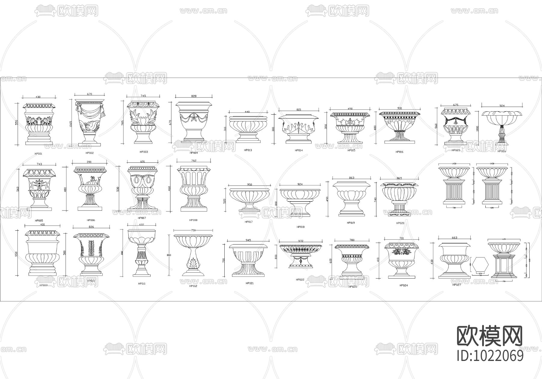 欧式花钵花盆CAD图库下载