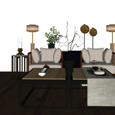  新中式布艺休闲沙发su模型 