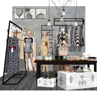  现代服装店模特服饰su模型 