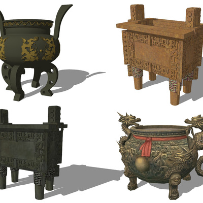  中式方鼎圆鼎铜鼎su模型 