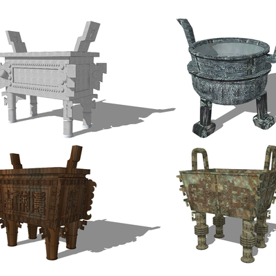  中式方鼎圆鼎青铜鼎su模型 