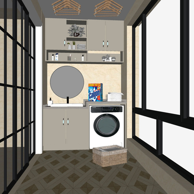  北欧阳台洗衣房su模型 