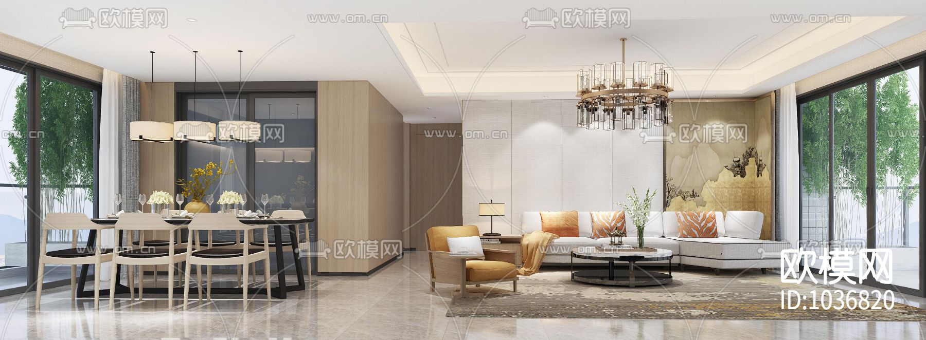 新中式样板间全套施工图+效果图+软装方案下载（渲染图1）