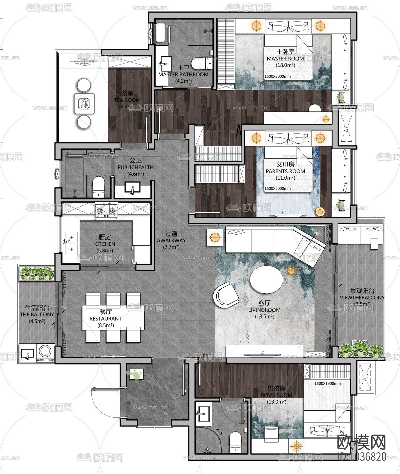 新中式样板间全套施工图+效果图+软装方案下载（渲染图6）