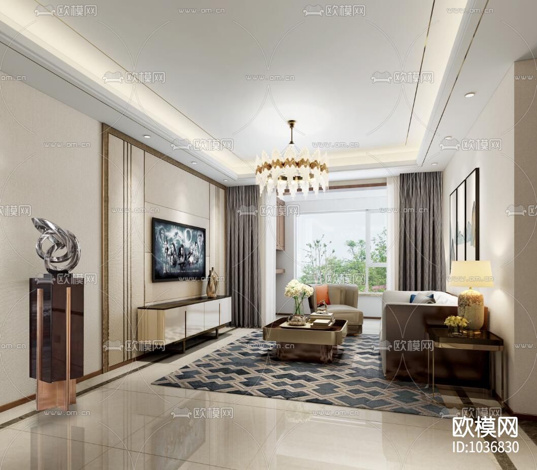 瑞公馆样板房全套施工图+效果图+方案下载（渲染图1）