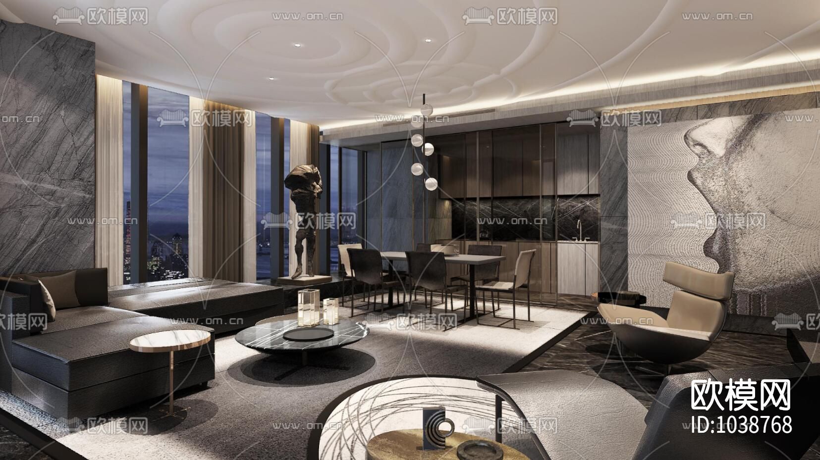 滨江大都会170户型样板间全套CAD施工图+效果图下载（渲染图1）