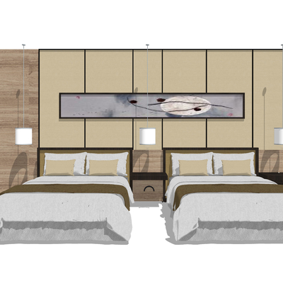  新中式酒店双人客房su模型 