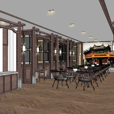  中式茶餐厅su模型 