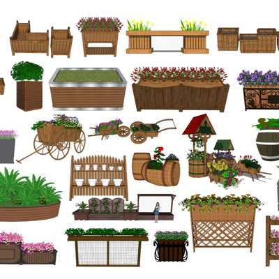  现代移动花箱花篮盆栽花车su模型 