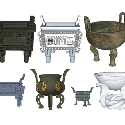  中式青铜鼎香炉su模型 