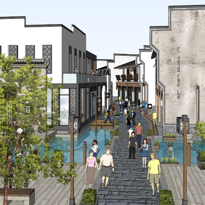  新中式商业街旧街道建筑su模型 