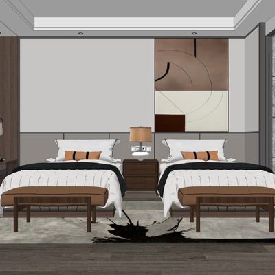  新中式酒店双人客房su模型 