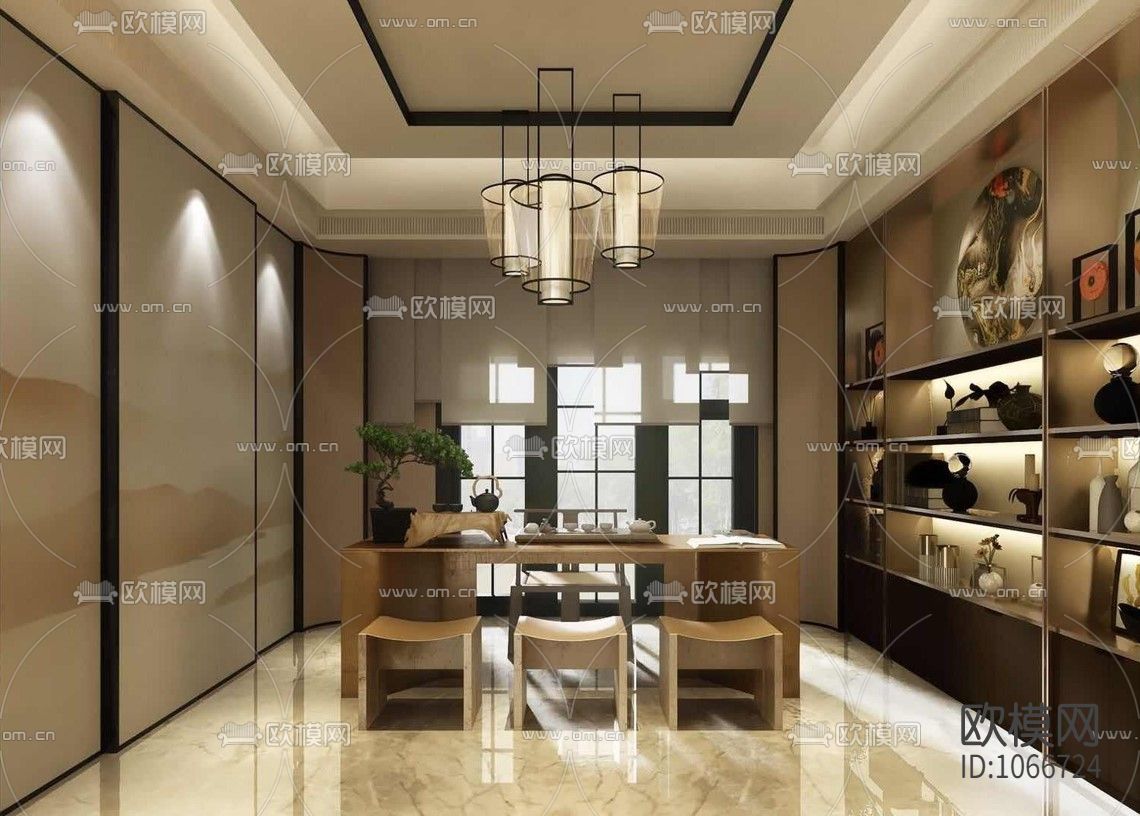 福州百督府别墅新中式CAD施工图+效果图下载（渲染图1）