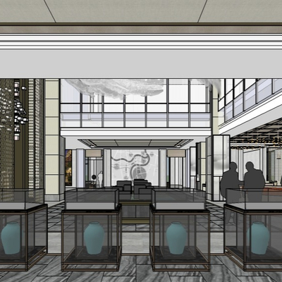  新中式售楼部su模型 