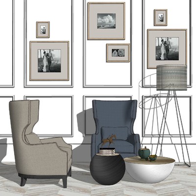  北欧布艺高背休闲沙发su模型 