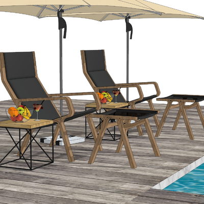  现代实木户外躺椅su模型 