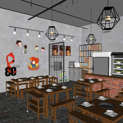  工业风火锅店su模型 