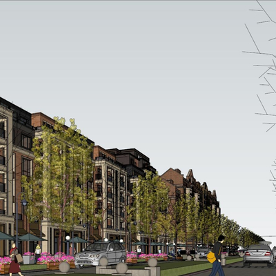  新中式沿街商业街su模型 