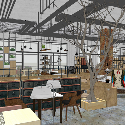 工业风咖啡厅su模型