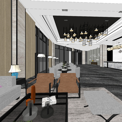  新中式酒店大堂大厅su模型 