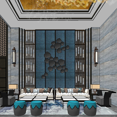  新中式酒店大堂su模型 