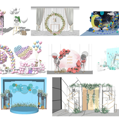  现代婚庆鲜花拱门气球饰品花艺摆件su模型 