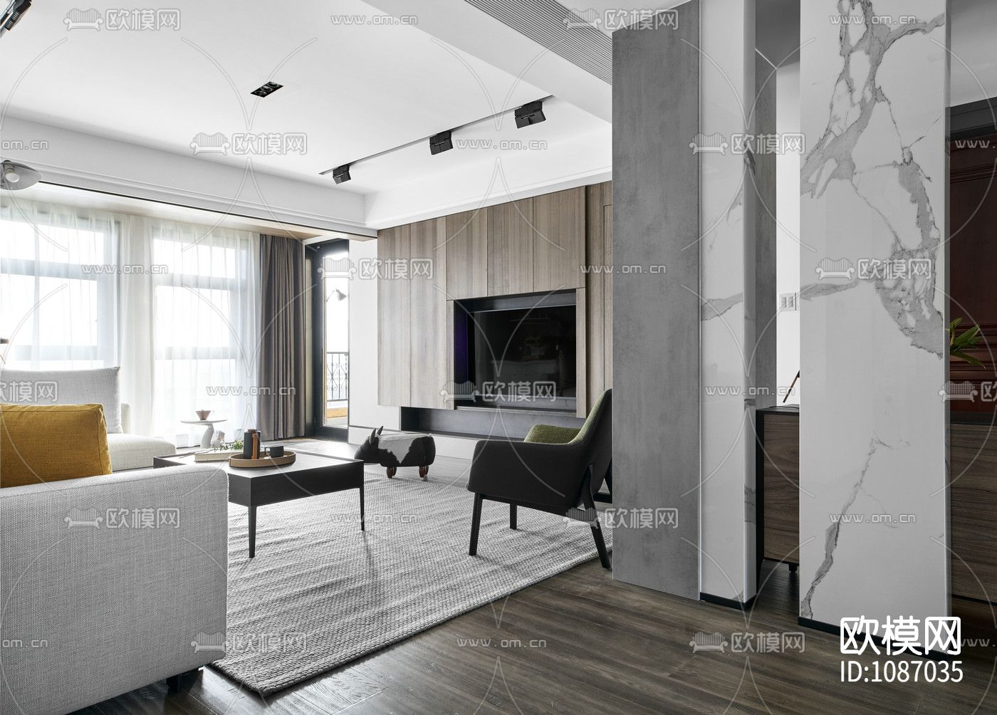 极简对白三居室住宅室内施工图+实景+3D模型下载（渲染图2）