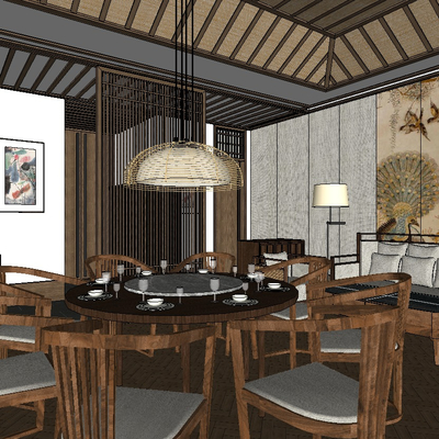  新中式酒店包房su模型 