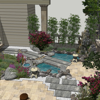  新中式庭院景观su模型 