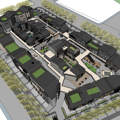  新中式商业街鸟瞰规划su模型 