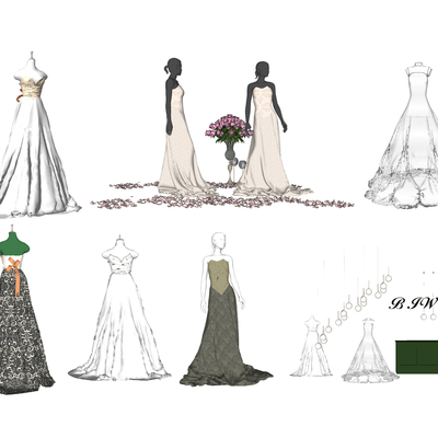  现代婚纱礼服模特su模型 