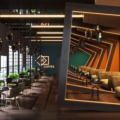  工业风咖啡厅su模型 