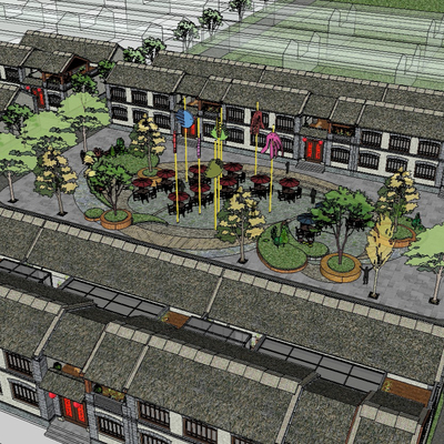  新中式民宿小镇规划鸟瞰su模型 